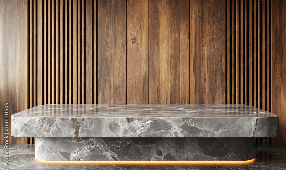  Gray kitchen marble tabletop for product presentation. Empty countertop mockup on brown wall panels with wooden slats. Clean podium for luxury bar or beauty advertisement. 