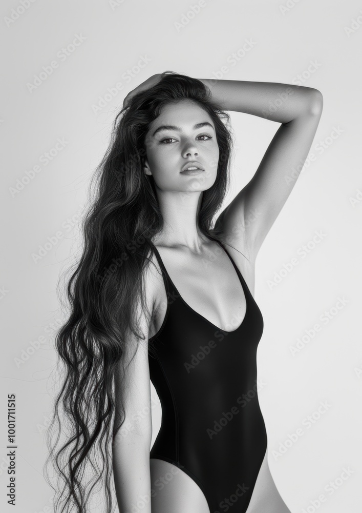 Model in black swimsuit poses gracefully with long flowing hair Model in black swimsuit poses gracefully with long flowing hair