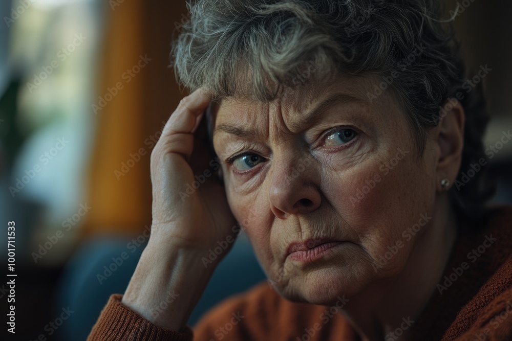 Elderly woman looking pensive while lost in thought at home Elderly woman looking pensive while lost in thought at home