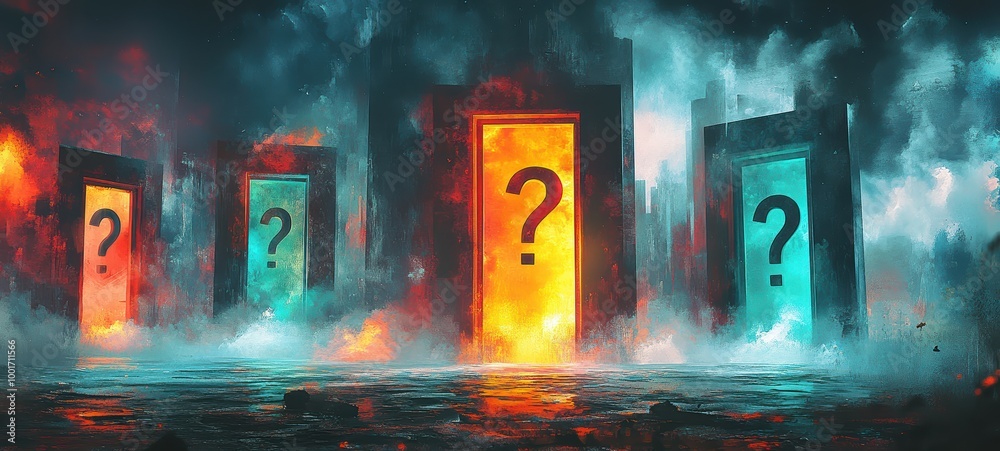 Fototapeta premium Doors floating in mid-air, with question marks painted in glowing, contrasting colors, representing the endless possibilities in a dreamlike setting