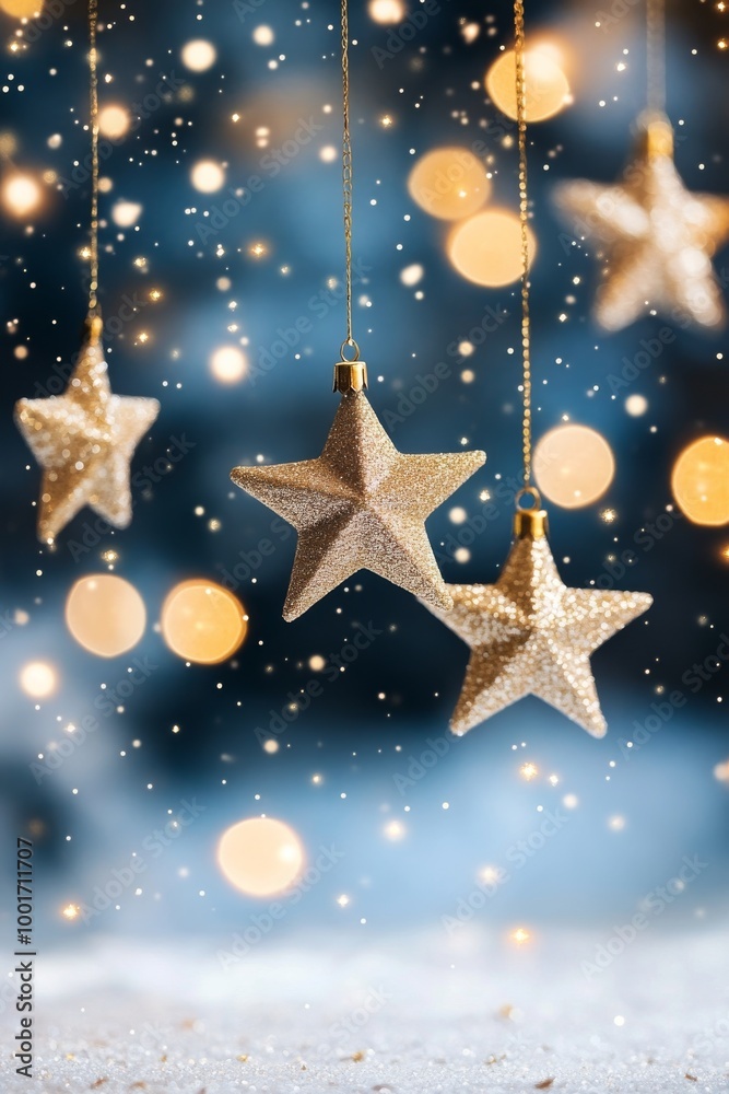 Decorative glittering stars hanging against a soft blue backdrop illuminated by festive lights Decorative glittering stars hanging against a soft blue backdrop illuminated by festive lights