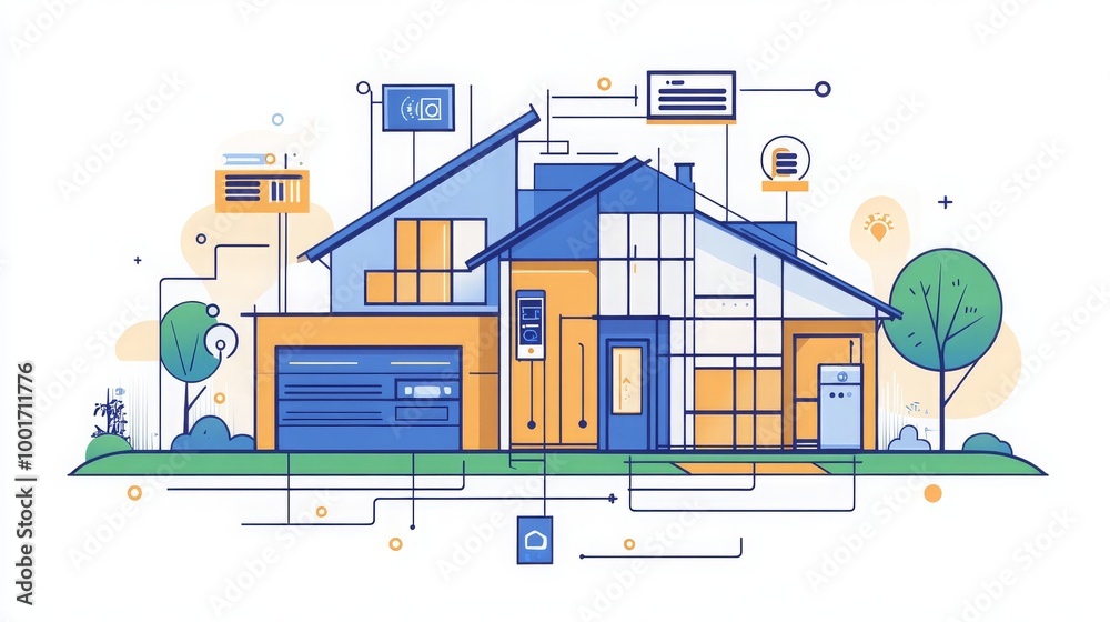 Smart home concept showing a user controlling security cameras and electrical appliances via a mobile app, connected through the Internet of Things. Smart home concept showing a user controlling security cameras and electrical appliances via a mobile app, connected through the Internet of Things.