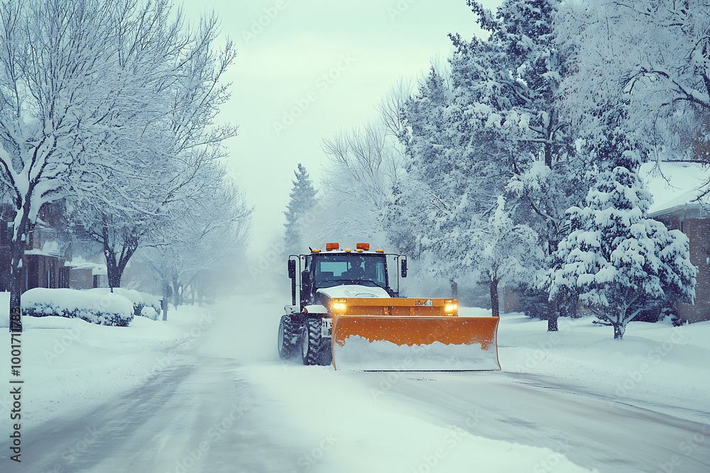 A snow plow clearing the streets, showcasing winter road maintenance and efficient snow removal. A snow plow clearing the streets, showcasing winter road maintenance and efficient snow removal.