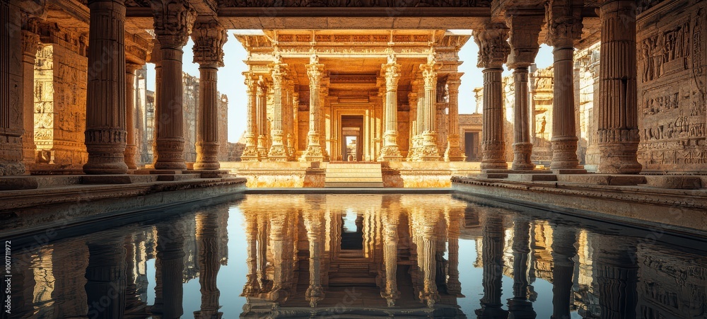 An ancient, abandoned temple, with its grand columns and carvings reflected in a still