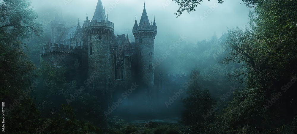An ancient Gothic castle, with towering turrets, battlements, and a dark, foreboding moat An ancient Gothic castle, with towering turrets, battlements, and a dark, foreboding moat