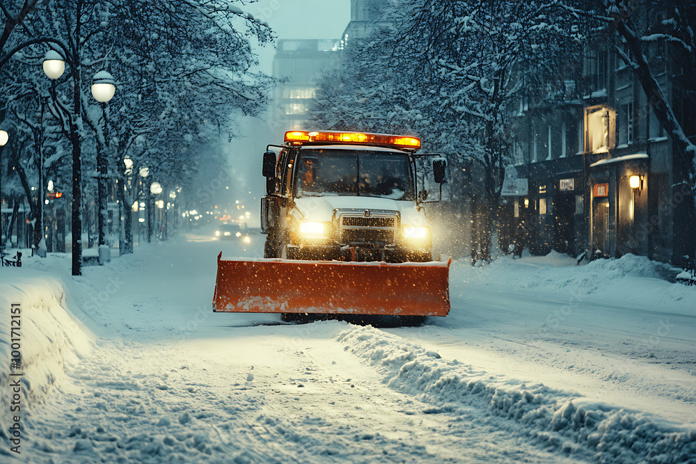 A snow plow clearing the streets, showcasing winter road maintenance and efficient snow removal. A snow plow clearing the streets, showcasing winter road maintenance and efficient snow removal.