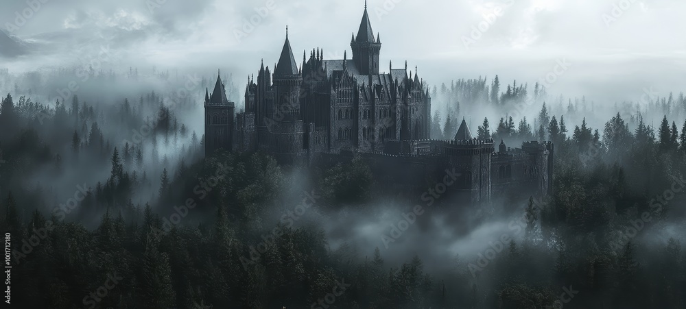 Fototapeta premium An ancient Gothic castle, with towering turrets, battlements, and a dark, foreboding moat
