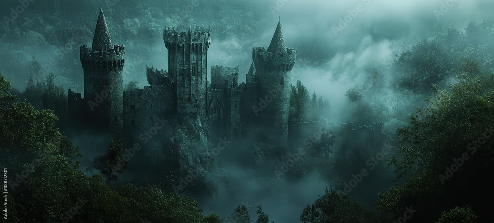 An ancient Gothic castle, with towering turrets, battlements, and a dark, foreboding moat