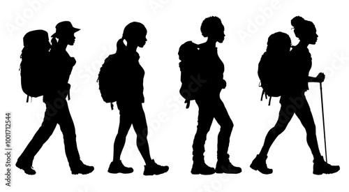 Set of silhouette of walking woman with backpack, hiking, trekking - vector illustration