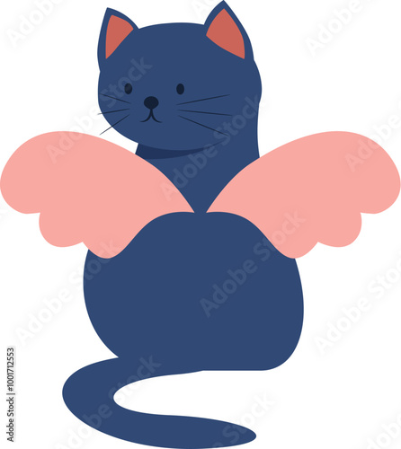 Blue cat with angel wings is sitting and waiting for something