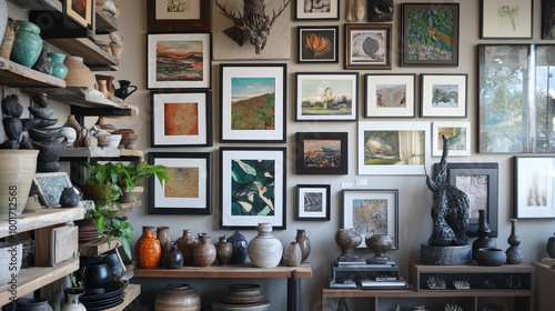 Illustrate a gallery wall filled with framed art pieces or photography. Include sculpture or pottery on display shelves, emphasizing how art can be used to elevate interior decor.