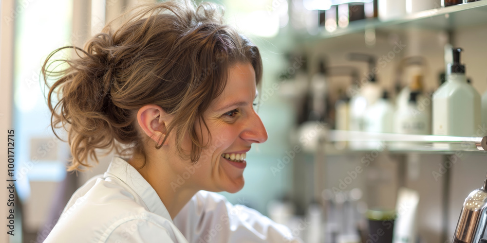 A woman in a white lab coat smiles at the camera A woman in a white lab coat smiles at the camera