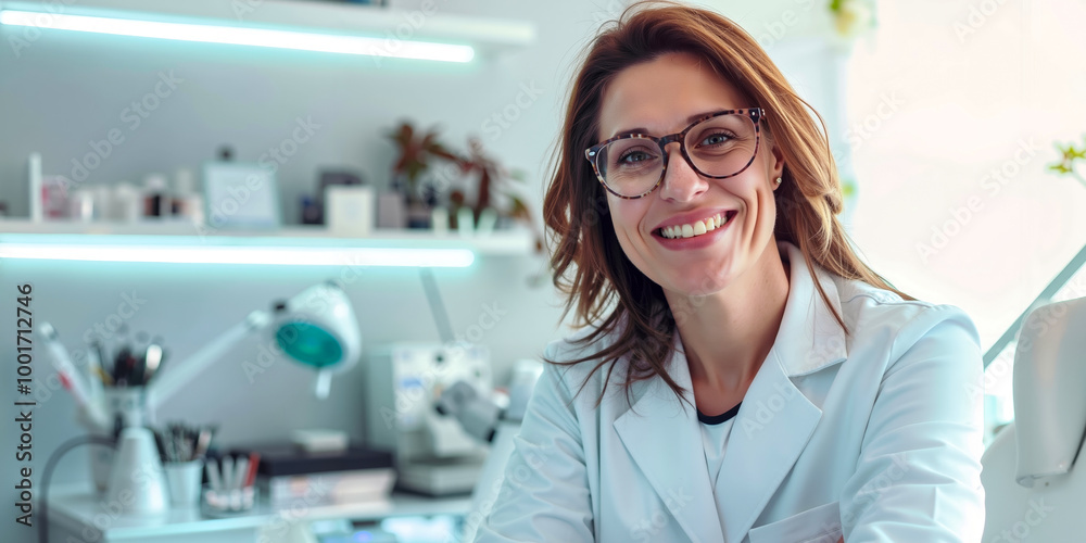 A woman in a white lab coat sitting at a desk in a dentist's office A woman in a white lab coat sitting at a desk in a dentist's office