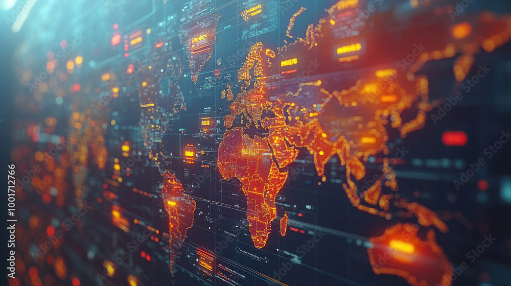Fototapeta premium A vibrant digital world map displays interconnected nodes and glowing regions, representing global data connections and technology advancements