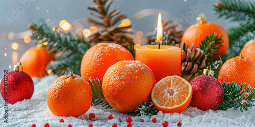 A table with oranges, tangerines, a lighted candle and decorations. A festive atmosphere. postcard photo