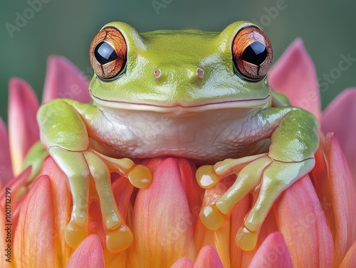 Australian white tree frog sitting on flower2 photo