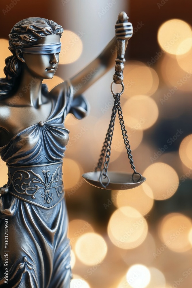 A bronze statue of Lady Justice holding scales while blindfolded in a softly lit setting A bronze statue of Lady Justice holding scales while blindfolded in a softly lit setting