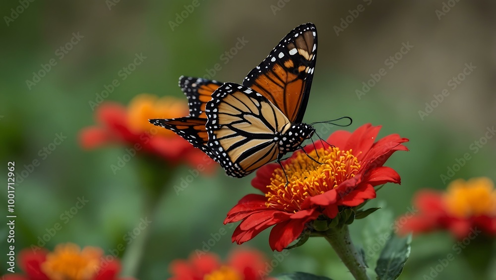 Monarch butterfly resting on a red flower. Monarch butterfly resting on a red flower.