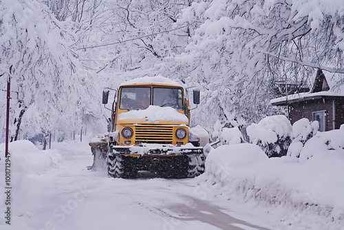 A snow plow clearing the streets, showcasing winter road maintenance and efficient snow removal.