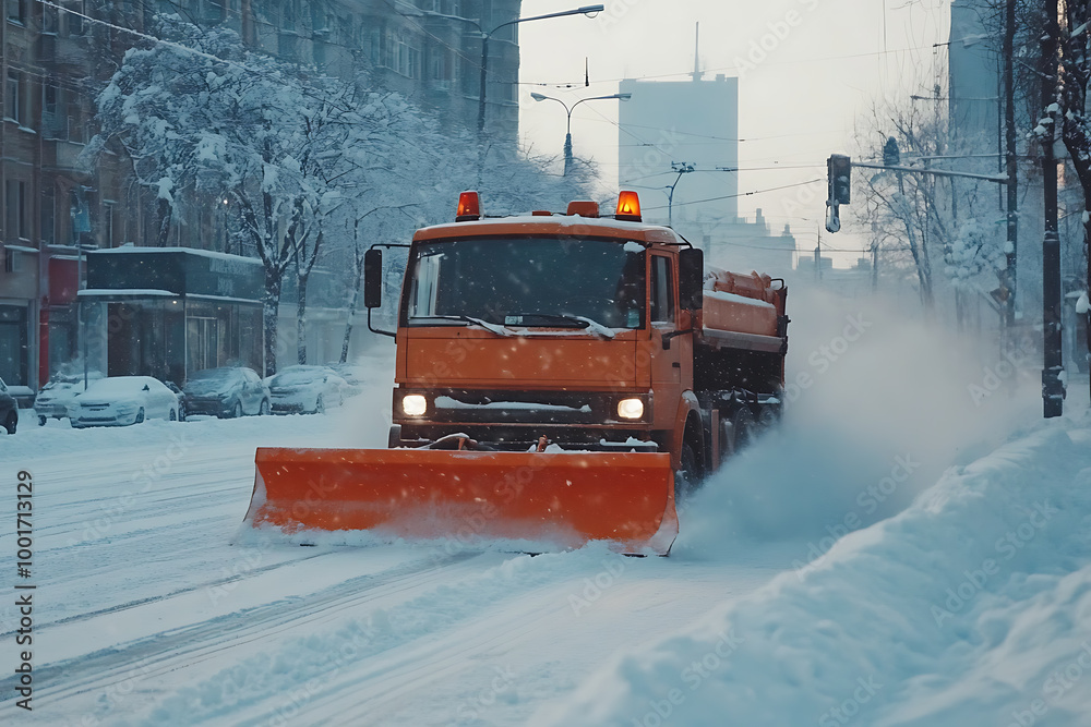 A snow plow clearing the streets, showcasing winter road maintenance and efficient snow removal. A snow plow clearing the streets, showcasing winter road maintenance and efficient snow removal.