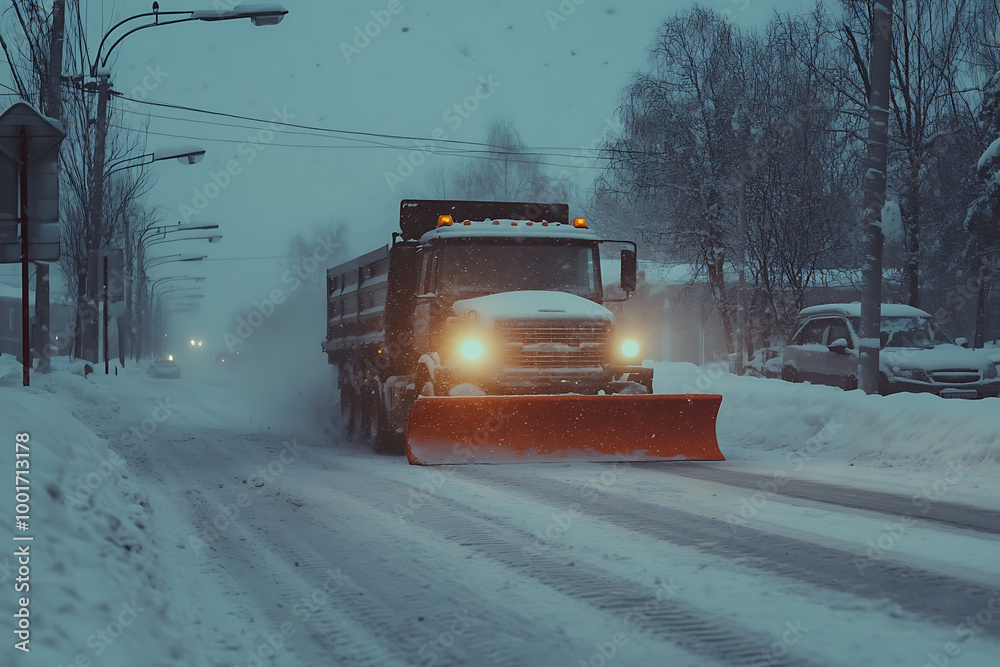 A snow plow clearing the streets, showcasing winter road maintenance and efficient snow removal. A snow plow clearing the streets, showcasing winter road maintenance and efficient snow removal.