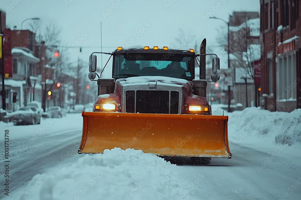 A snow plow clearing the streets, showcasing winter road maintenance and efficient snow removal. A snow plow clearing the streets, showcasing winter road maintenance and efficient snow removal.