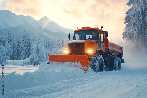 A snow plow clearing the streets, showcasing winter road maintenance and efficient snow removal.