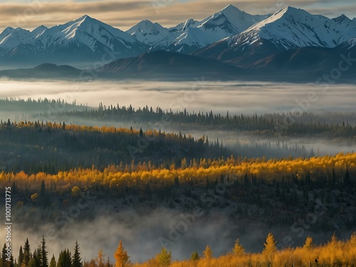 Mountain landscape in autumn mist at Kluane National Park, Canada. photo