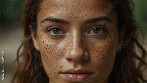 Multiracial woman with freckles looking at the camera.