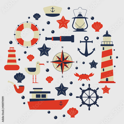 Set of sea icons and symbols. Collection of hand drawn vector nautical elements and animals in flat style. Red and blue sailing illistrations