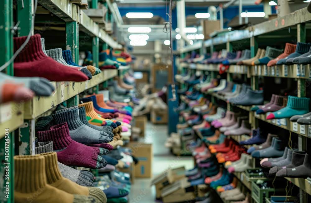 A row of rows of socks on shelves in a shoe store A row of rows of socks on shelves in a shoe store