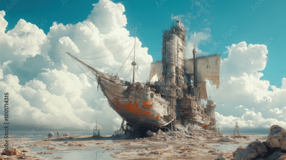 Fototapeta premium Exploring the Mystical Ruins of an Abandoned Ship: A Journey Through Time and Nature's Wonders