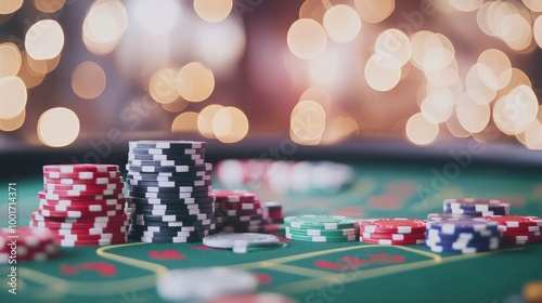 Colorful casino chips stacked on a green felt table with a blurred background in a lively atmosphere