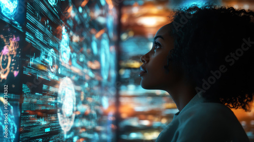  African American woman gazes at glowing holographic screens filled with digital content, her face illuminated by the futuristic display. The scene captures the essence of modern technology.