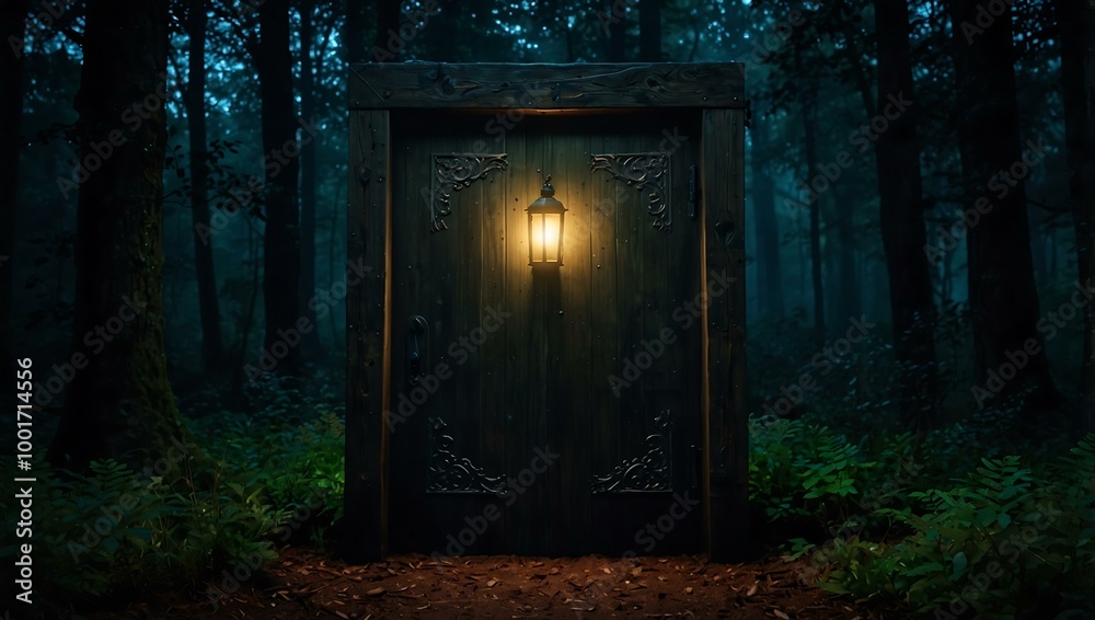 Mysterious wooden door with a glowing frame in a dark forest. Mysterious wooden door with a glowing frame in a dark forest.