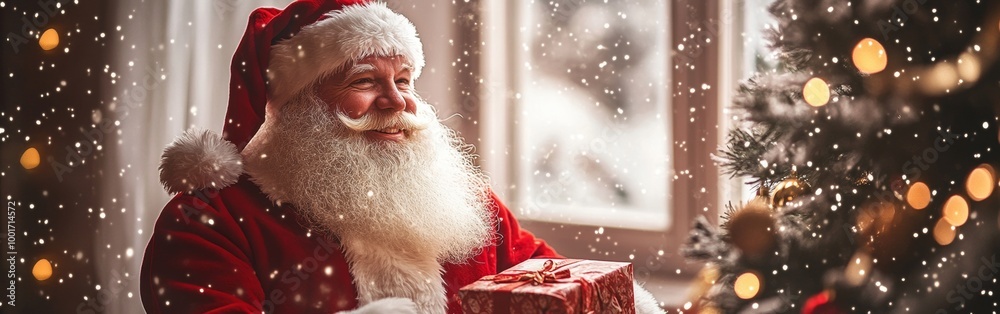 Santa Claus enjoys the festive atmosphere while holding a gift by a decorated Christmas tree during a snowy winter season. Wide web banner. Santa Claus enjoys the festive atmosphere while holding a gift by a decorated Christmas tree during a snowy winter season. Wide web banner.