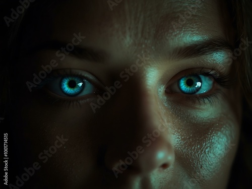 Mysterious woman's eyes glowing in the dark.