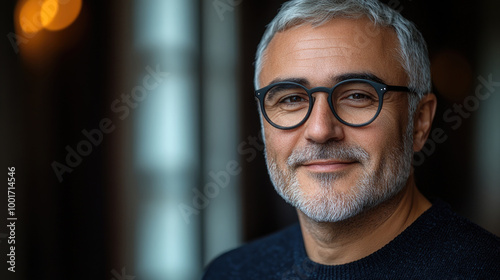 A friendly older man with grey hair and glasses offers a warm smile, creating an inviting atmosphere in a cozy setting