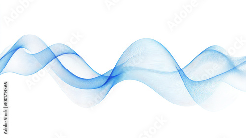 Dynamic sound wave isolated on white background. An abstract blue wave flows smoothly across a white background, creating a dynamic sound wave effect.