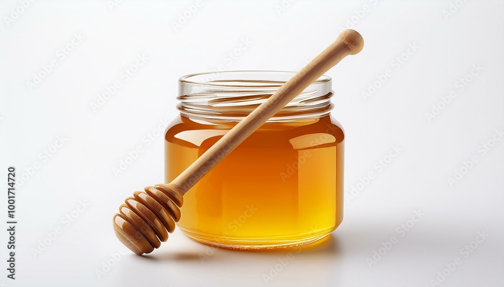 Glass jar of honey with a wooden dipper, placed on a bright white surface Glass jar of honey with a wooden dipper, placed on a bright white surface