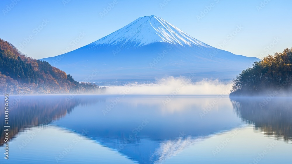 A majestic snow-capped Mount Fuji reflected in the calm waters of a serene lake, with a touch of mist adding a mystical atmosphere to the landscape. A majestic snow-capped Mount Fuji reflected in the calm waters of a serene lake, with a touch of mist adding a mystical atmosphere to the landscape.