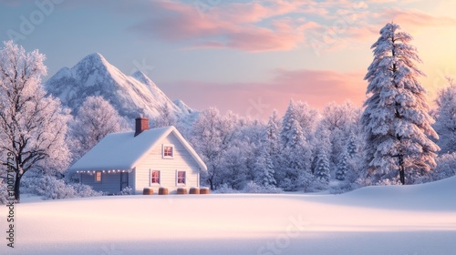 Cozy snow-covered cottage with snowman and festive lights in a winter wonderland setting