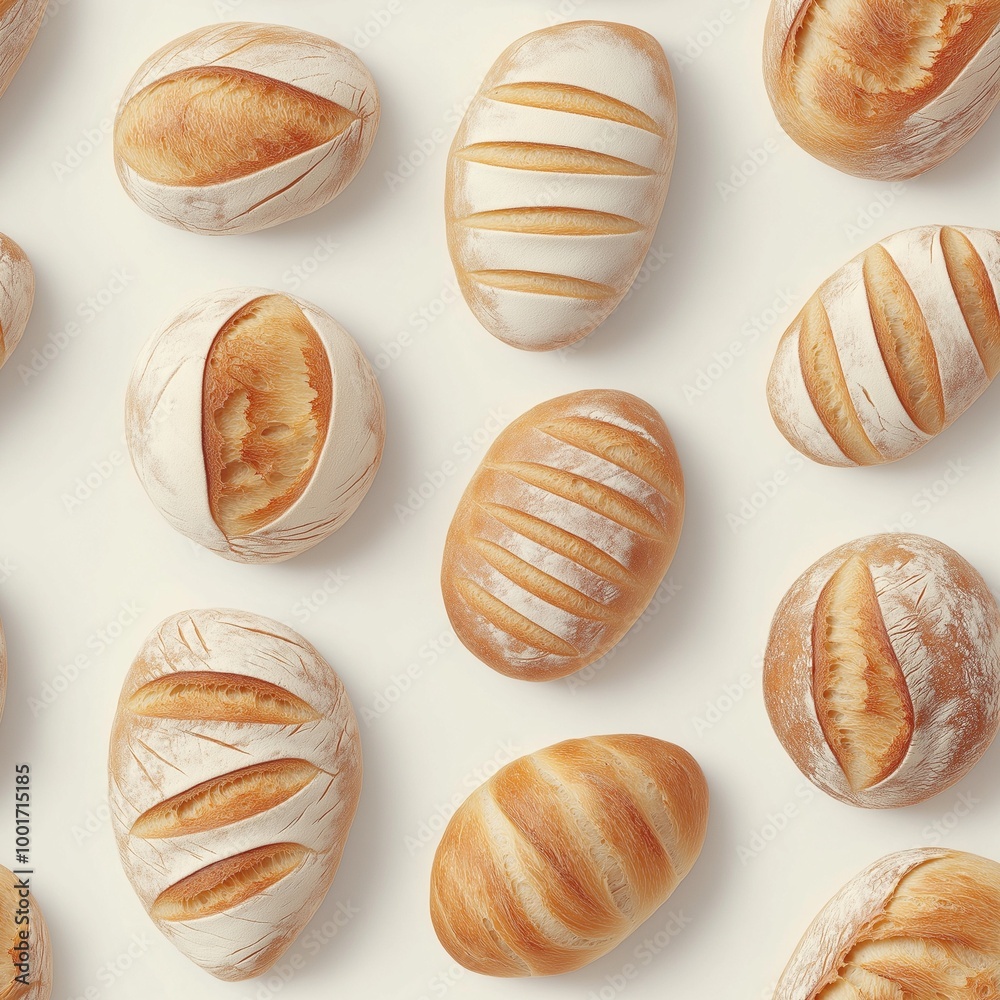 Assortment of freshly baked bread loaves seamless pattern on white background. Assortment of freshly baked bread loaves seamless pattern on white background.