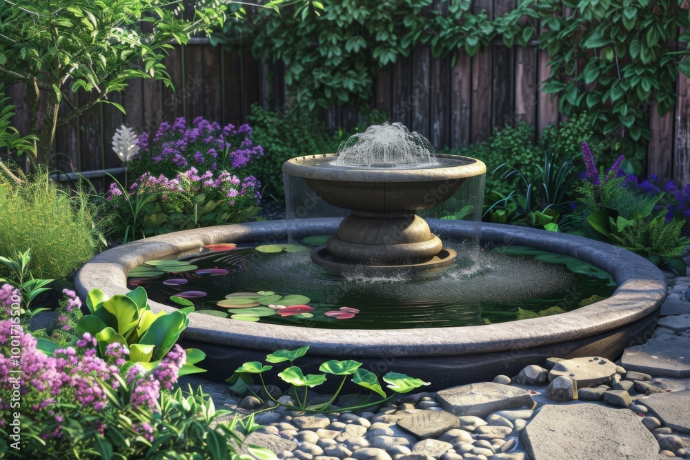Serene Garden Oasis with Stone Fountain and Pond Serene Garden Oasis with Stone Fountain and Pond