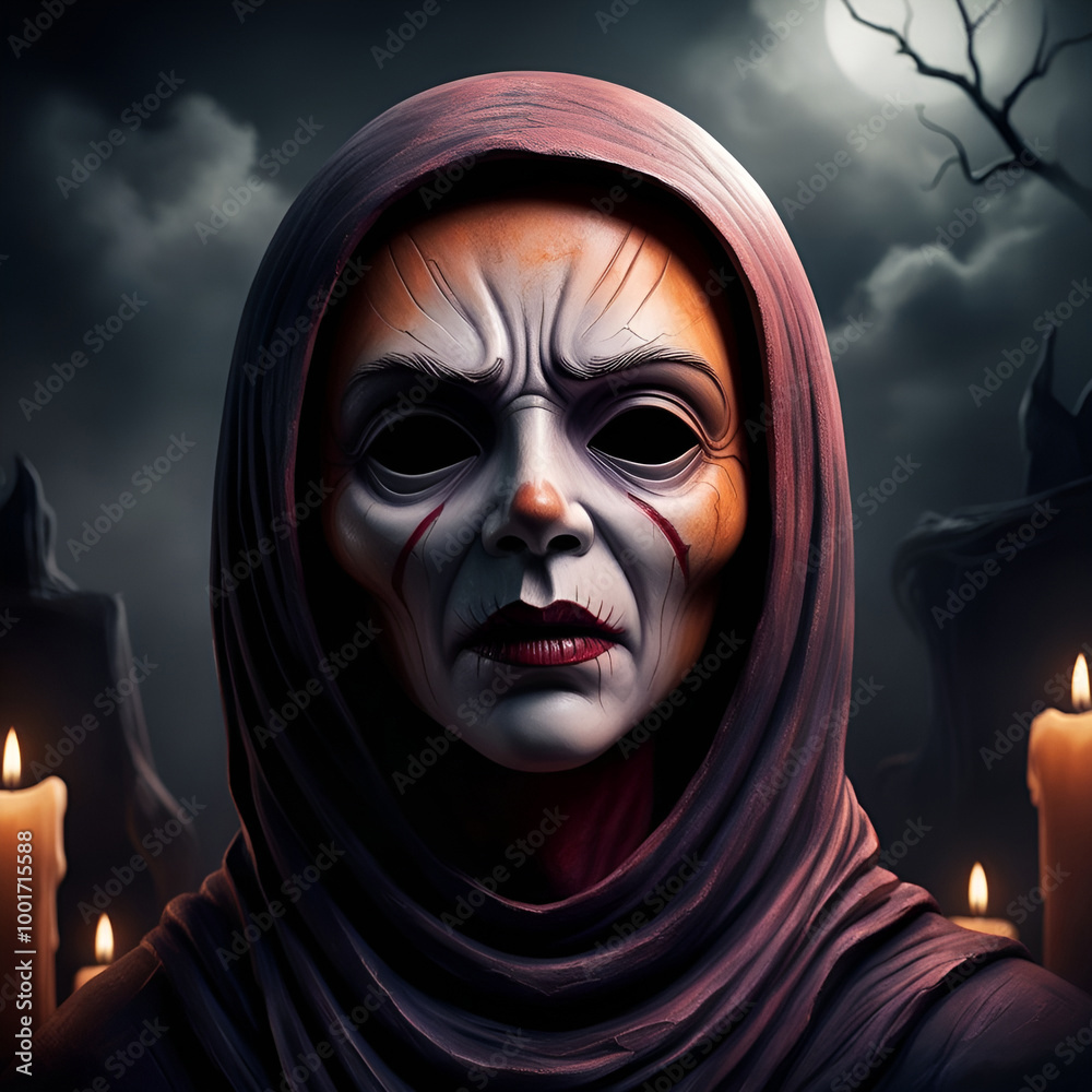 scary dead head of a woman of despair and loneliness with a colorful clown mask on her face, nun scary dead head of a woman of despair and loneliness with a colorful clown mask on her face, nun