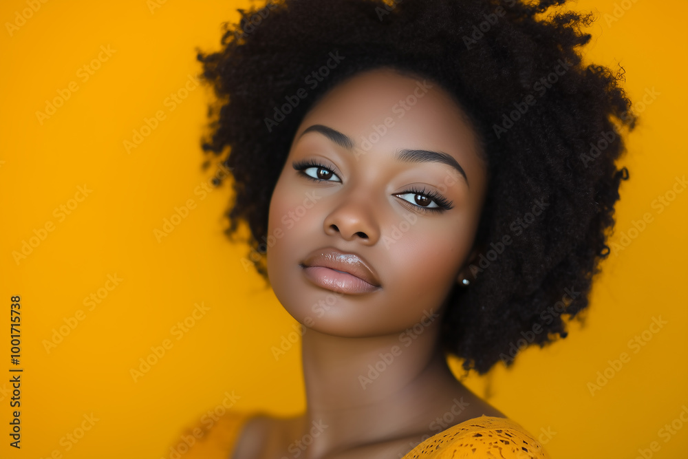 A portrait of a beautiful, positive woman in a yellow studio. A portrait of a beautiful, positive woman in a yellow studio.