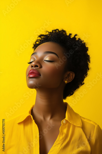 A portrait of a beautiful, positive woman in a yellow studio.