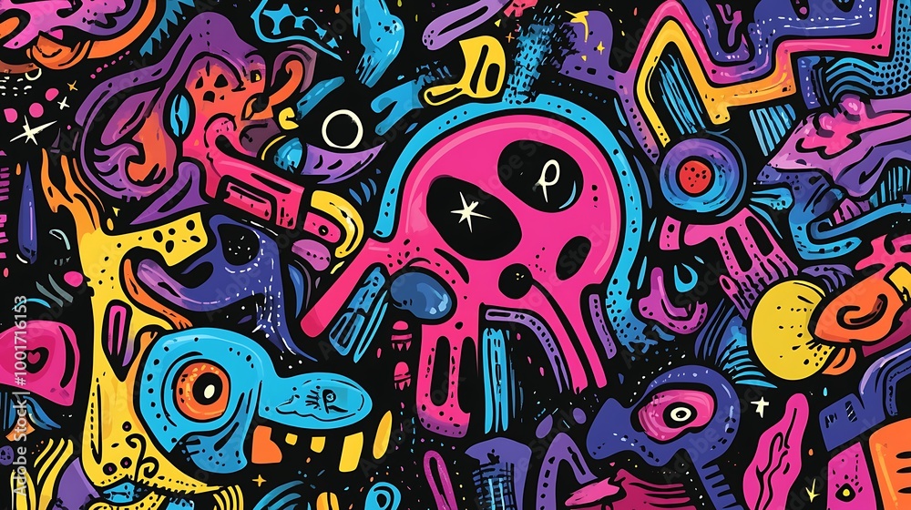 Fototapeta premium Abstract colorful doodle pattern with a skull on a black background.