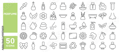 Set of 50 line icons related to perfume, oil, fragrance, flower, natural, beauty, herbal, smell, bottle, lotion, scent, Editable stroke. Vector illustration