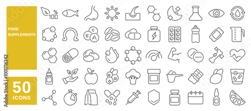 Set of 50 line icons related to food supplements, vitamin, probiotic, protein, mineral, organic, bio, immunity, antistress, omega, Editable stroke. Vector illustration